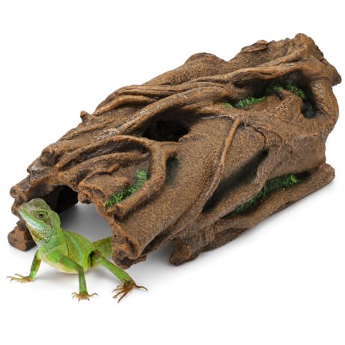 Large Reptile Hideout, Resin Hollow Log Cave for Ball Python & Bearded Dragon, Natural Basking Platform & Tank Decor for Snake, Gecko, Lizard, Tortoise, Axolotl