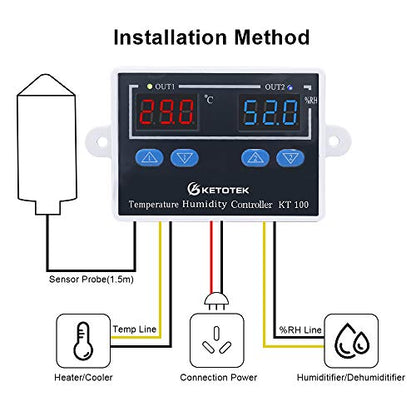 KETOTEK KT100 Humidity Temperature Controller 120V 10A Fahrenheit Digital Thermostat Humidistat Control Switch Direct Output with 1.5m Temperature Humidity Sensor