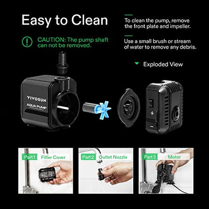 VIVOSUN 130GPH Submersible Pump(500L/H, 6W), Ultra Quiet Water Pump with 2.6ft High Lift, Fountain Water Pump with 5ft Power Cord, 2 Nozzles for Fish Tank, Pond, Aquarium, Statuary, Hydroponics - size: 5"×3"-130