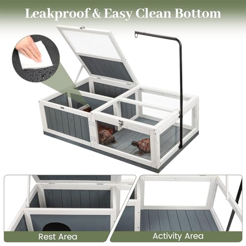 Large Tortoise Habitat, Indoor & Outdoor Wooden Tortoise House with Adjustable Lamp Stand and Water-Resistant Tray, Reptile Cage Tortoises Enclosure for Small Animals, 43" L x 24" W x 13" H