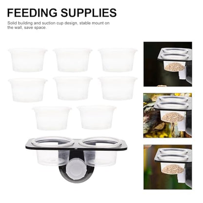 DOITOOL Reptile Feeding Bowl and Large Capacity Water Basin with Suction Cups, Double Compartments Lizard Food and Water Feeder for Tree-Dwelling Geckos and Lizards, Includes 10 Detachable