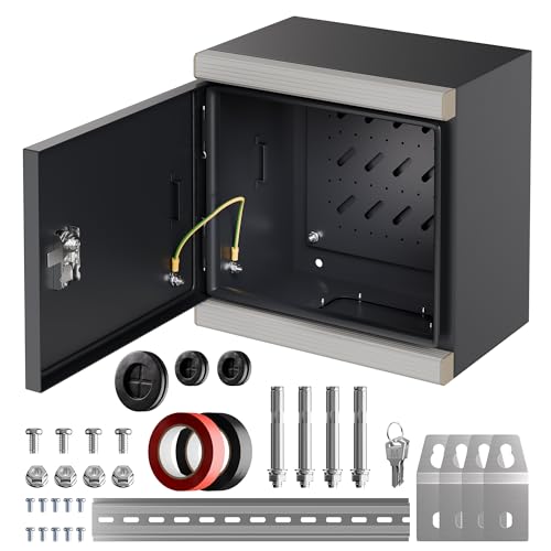 Joinfworld Outdoor Electrical Metal Box 11.8" x 11.8" x 7" Weatherproof Outdoor Junction Enclosure Steel Box with Lock Din Rail Cable Gland - size: 11.8"x11.8"x7"
