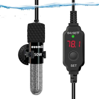 Small Submersible Aquarium Heater,Adjustable Mini Fish Tank Heater 25/50/100/150/200/300 Watts with External Temperature Controller, LED Display, Smart Memory, Used for 1-60 Gallons (50W) - size: 50 Watts