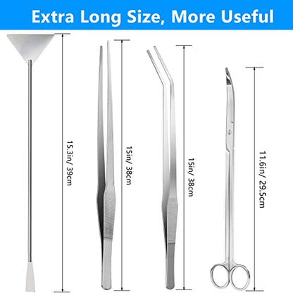 Aquarium Aquascape Tools Kit 15in, 4 in 1 Anti-Rust Aquatic Plant Aquascaping Tool Stainless Steel Tweezers Scissor Spatula for Aquarium Tank Clean Fish Tank Aquascape Accessories Set(Silver) - color: Silver