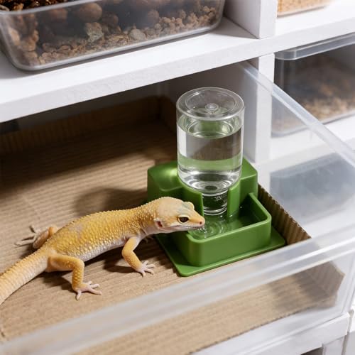 2 Pieces 1 Oz Reptile Water Dispenser with Bottle, Prevent Drowning Reptile Automatic Water Feeder, Gecko Feeder Drinker for Terrarium Tank Turtle Lizards (Green & Brown)