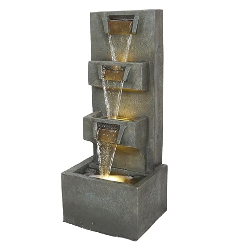Alpine Corporation TZL406 33" 3 Tier Basin Cascading Fountain with LED Lights, Outdoor Water Feature for Garden, Patio, Backyard & Home Decor, Elegant Waterfall Design, Gray - style: 33"H - Gray 4-Tier w/ LEDs