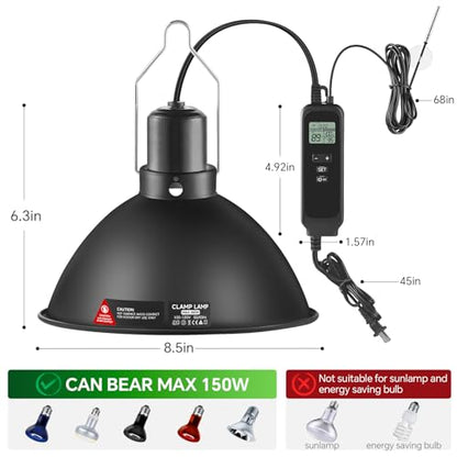 8.5 inch Reptile Heat Lamp Fixture with Thermostat and Timer,Reptile Light Fixture with Dimming Thermostat Max 150W,PID Temperature Controller for UVB Lights,Basking Heat bulbs and Terrariums - size: 8.5 inch without CHE Bulb