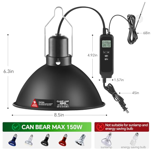 8.5 inch Reptile Heat Lamp Fixture with Thermostat and Timer,Reptile Light Fixture with Dimming Thermostat Max 150W,PID Temperature Controller for UVB Lights,Basking Heat bulbs and Terrariums - size: 8.5 inch without CHE Bulb