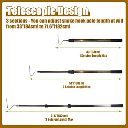 71.6" Snake Hook Retractable Reptile Catcher Stick Tongs Grabber Handling Tool for Rattlesnakes Python Copperhead Removal Catching - color: Champagne