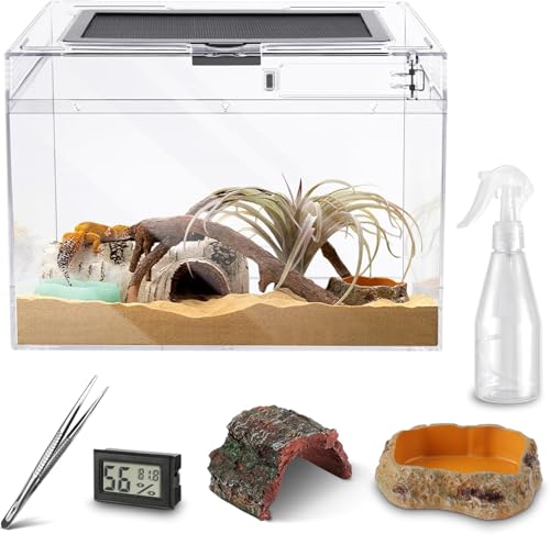 HELIME Reptile Polycarbonate Terrarium Kit 5 Piece Starter Habitat for Tarantula,Lizards,Frogs,Geckos,or Hermit Crabs,Tank with Escape-Proof Locking Lid,Hygrometer,Hide,Tweezer,Bowl,Sprayer - size: Small(12x7x9IN)