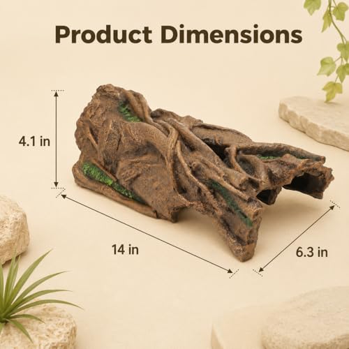 Large Reptile Hideout, Resin Hollow Log Cave for Ball Python & Bearded Dragon, Natural Basking Platform & Tank Decor for Snake, Gecko, Lizard, Tortoise, Axolotl