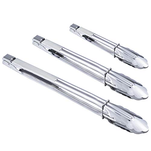 HINMAY Stainless Steel Spring Locking Food Tong Set Utility Metal Tongs for Serving Cooking Grilling and Barbeque (9 12 14 Inch 3 Pieces) - size: 9" 12" 14"