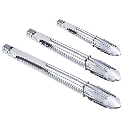 HINMAY Stainless Steel Spring Locking Food Tong Set Utility Metal Tongs for Serving Cooking Grilling and Barbeque (9 12 14 Inch 3 Pieces) - size: 9" 12" 14"