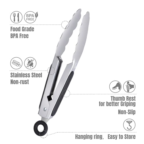 Hotec Mini Stainless Steel Kitchen Tongs for Cooking - 7-Inch Small Serving Tongs Metal Food Tongs Non-Slip Grip - size: 7-Inch