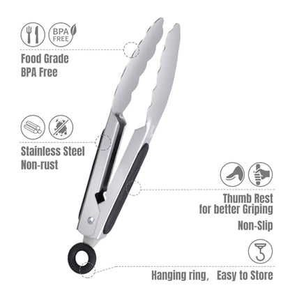 Hotec Mini Stainless Steel Kitchen Tongs for Cooking - 7-Inch Small Serving Tongs Metal Food Tongs Non-Slip Grip - size: 7-Inch
