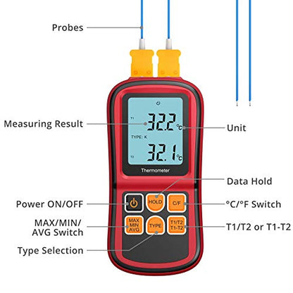 Kamtop Dual Channel Digital Thermocouple Thermometer, K-Type Temperature Meter with 2 Thermocouple Probes, T1/T2 & T1-T2 Measurement, Backlit LCD, MAX/MIN/AVG/Hold, Supports K/J/T/E/R/S/N