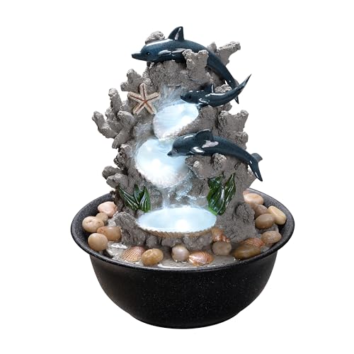 Indoor Tabletop Dolphin Water Fountain with LED Light – Ocean Theme Desk Decor and River Rocks, Relaxing Sound Machine for Sleep & Office, Zen Home Décor Gift for Women, Living Room Decoration - color: Blue-dolphin