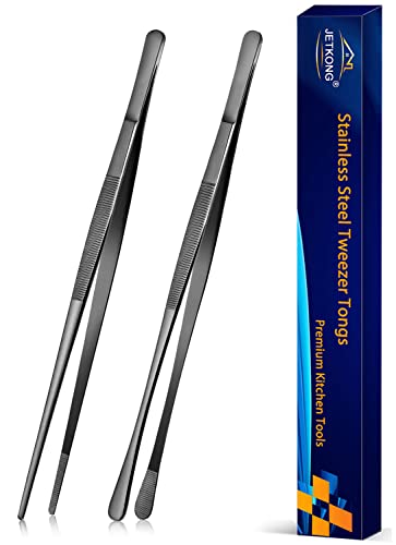 JETKONG 2 Pcs 10-Inch Kitchen Tweezers Tongs with Precision Serrated Tips, Stainless Steel Chef Tweezer Professional Cooking Tweezers for BBQ, Plating and Serving (10-Inch, Black) - color: Black, size: 10+10inch