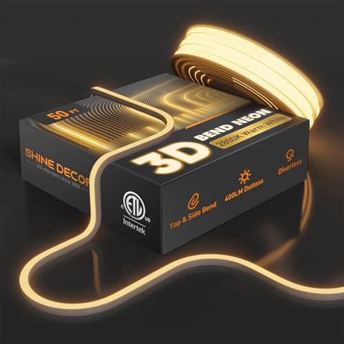 Shine Decor 3D LED Neon Rope Lights AC 120V, Top & Side Bend 400LM Dotless, Driverless IP65 Waterproof Cold-Resistant ETL Silicone Strip for Home Commercial 10x10mm, 2800K Warm White, 50ft - color: 2800K Warm White, size: 50.0 ft