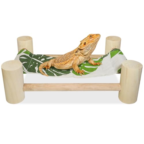 Wooden Bearded Dragon Cloth Bed, Reptile Hammock for Bearded Dragon Tank Accessories, Small Animal Habitat Decor