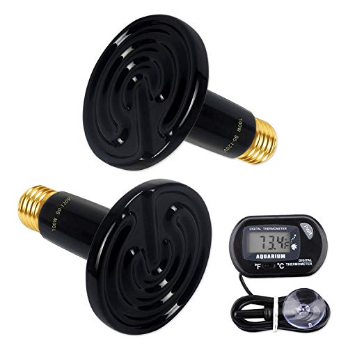 2-Pack 100W Ceramic Heat Lamp with 1-pcs Digital-Thermometer, Infrared Heat Emitter Bulbs for Reptiles, Amphibians, Chicken Brooder Coop Lizard Turtle Snake, No Light No Harm