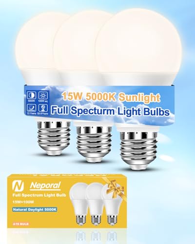 Neporal Full Spectrum Light Bulb 15W LED=100W, 5000K Flicker-Free Daylight, UV-Free & High CRI & Eye-Caring Natural Sunlight Light Bulbs for Humans, Home, Office, Plant – E26/E27, 30000H Lifespan,3PK - color: Natural Daylight, size: 3 Count (Pack of 1)
