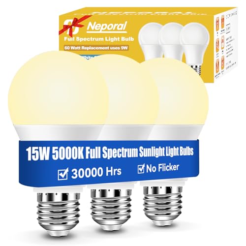 Neporal 15W Full Spectrum Light Bulb, 2700K Warm UV-Free Natural Sunlight Bulbs, 15W 100W Equivalent LED Light Bulb, CRI 90+, No Flicker, 1200Lumen Daylight Sun Light for Humans，Home & Office,3PK - color: 2700k Soft White, size: 3 Count (Pack of 1)