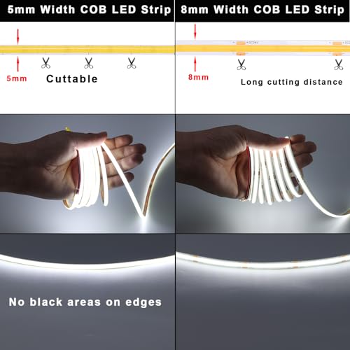 TOPAI 12V Thin 5mm COB LED Strip Waterproof 6000K Cool White 16.4ft Bright 4000Lm CRI>90 Uniform Dotless 400LEDs/M Self Adhesive Flexible Cuttable for DIY, Bedroom, Under Cabinet Lighting - color: Cool White 6000K