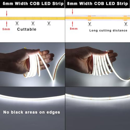TOPAI 12V Thin 5mm COB LED Strip Waterproof 6000K Cool White 16.4ft Bright 4000Lm CRI>90 Uniform Dotless 400LEDs/M Self Adhesive Flexible Cuttable for DIY, Bedroom, Under Cabinet Lighting - color: Cool White 6000K