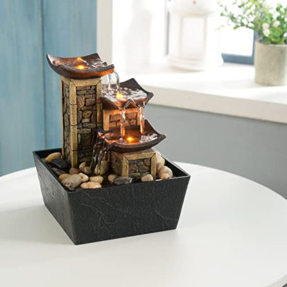 GOSSI Indoor 3-Tier Tabletop Water Fountain with Soothing Sound, Simulation Stone Pillar Design, Natural River Rocks, Reflective Lighting for Meditation and Relaxation - color: Yellow