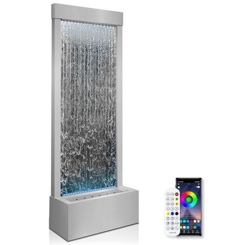 LONGRUN 48" Mirror Waterfall | Indoor Water Fountain with 7-Color LED Lights | Stainless Steel Self-Contained Waterfall Fountain for Home Decor | Large Indoor Water Feature Kit Mirrored Silver - color: Silver - Mirrored Silver
