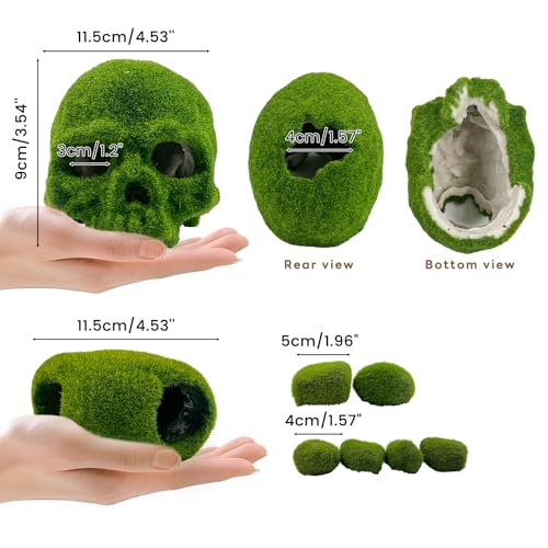 SNAIL GARDEN 8pcs Aquarium Decor, 4.5" Realistic Moss Skull Hideout & Mossy Rock Reptile Cave with 6pcs Algae Balls,Resin Fish Tank Decorations Shrimp Cave Aquarium Betta Fish Hiedout Reptile Habitat