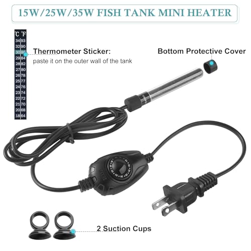 HITOP 35W Super Mini Aquarium Heater: Adjustable Heater for Small Fish Tank 4-10Gallons, with External Controller, Betta Heater for Fish Bowls(35W) - style: 35W(4-10Gal)