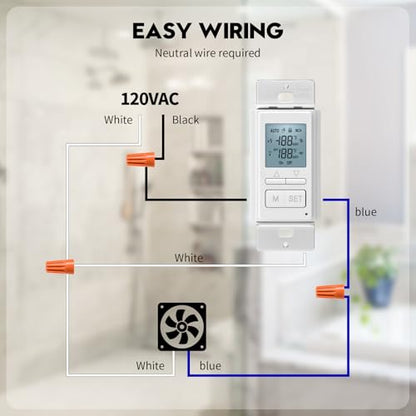 Ortis New 2024! Humidity Sensor Switch, in-Wall Bathroom Fan Automated Control Switch, Separate Sensor for Better Moisture Detection, 328ft Range, 110/220V, Keep Your Room Dry