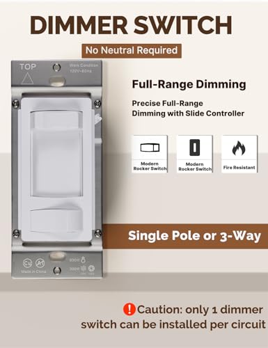 MOES Dimmer Light Switches 6pcs, 3 Way & Single Pole Dimmable Switch for LED,CFL,Incandescent,Halogen, 600Watt Max, ON/Off Switch with Dimming Slide, No Neutral Wire Required - color: White, size: 6 Pack No Cover