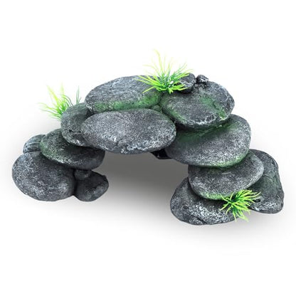IBWell Resin Reptile Hides Pebble Shrimp Hides for Aquarium Tank Terrarium Reptile Rock Hide with Grass Fish Tank Caves and Hides Reptile Hideouts for Lizard Snake Gecko - color: Rocks grey and grass green