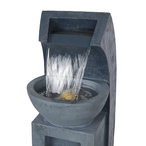 Alpine Corporation 41" Tall Outdoor Basin Waterfall Floor Fountain with LED Lights for Garden, Patio, Lawn and Backyard Decor, Gray - style: 41"H - Basin Fountain w/ LEDs