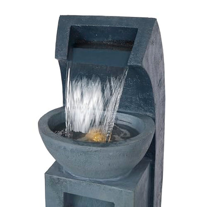 Alpine Corporation 41" Tall Outdoor Basin Waterfall Floor Fountain with LED Lights for Garden, Patio, Lawn and Backyard Decor, Gray - style: 41"H - Basin Fountain w/ LEDs