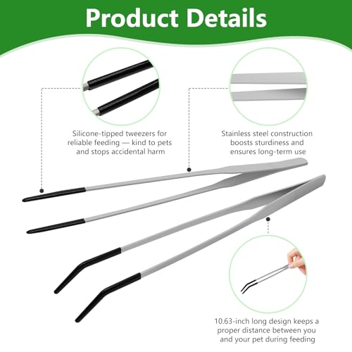 LIQALU 3 Pcs Long Aquarium Tweezers Straight and Curved Tweezers-10.63",Feeding Spoon-8.54", Stainless Steel Reptile Feeding Tongs Tools Feeder for Lizards, Bearded Dragon, Snake Tank Accessories