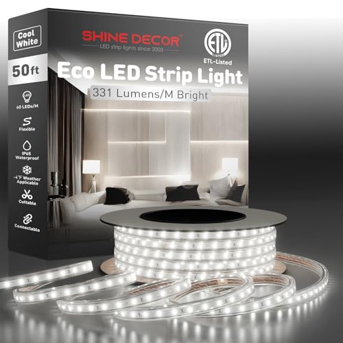 Shine Decor LED Strip Light Easy Connectable, 6000K Cool White Cold Resist Weatherproof Plug-in for Indoor Outdoor, 101 LM/FT Dimmable Bright Eco Rope Lighting 50FT, 120V Whole Set ETL Listed - color: Cool White, size: 50 Ft