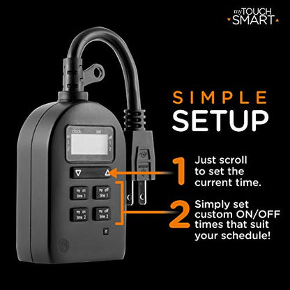myTouchSmart Indoor/Outdoor Plug-in Digital Timer, One Grounded Outlet, Two Easy-to-Set Custom Daily On/Off Times, Weather Resistant, Ideal for Small Pumps and Seasonal Lighting, 36027 (Pack of 3) - size: 3 Pack