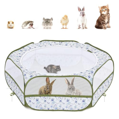 Pawaboo Small Animals Playpen, Waterproof Small Pet Cage Tent with Zippered Cover, Portable Outdoor Yard Fence with 3 Metal Rod for Chick/Kitten/Puppy/Guinea Pig/Rabbits/Hamster, Blue + White Flower - color: Blue + White Flower