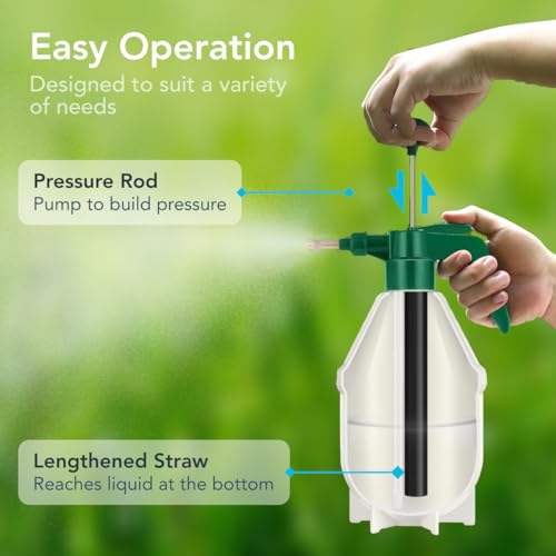 Flora Handheld Garden Pump Sprayer, 0.4 Gallon (50 oz/1.5L) Pressure Water Bottle with Adjustable Brass Nozzle, for Plants, Lawn, and Cleaning (Green) or (Red)