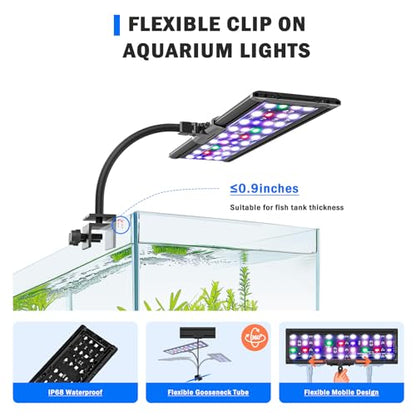 AQQA LED Aquarium Light, 24/7 Mode Clip on Fish Tank Light with Memory Function, DIY Mode Full Spectrum Aquarium Plant Light, Adjustable Timer/Brightness, IP68 Waterproof for 11-16 Inch Fish Tank 11W