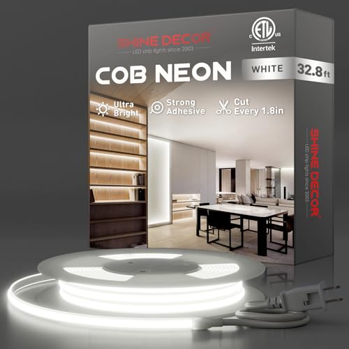 Shine Decor COB LED Rope Light AC 120V, 800lm Ultra Bright, IP65 Waterproof Cold-Resistant ETL Neon Strip, No Driver Tape Lighting for Home Commercial 10x4.5mm, 6000K Cool White, 32.8ft - color: 6000K Cool White, size: 32.8 ft