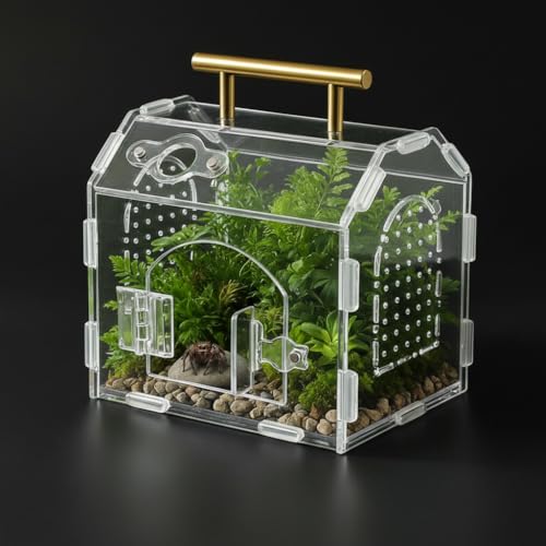 Acrylic Jumping Spider Enclosure (5.9" x 4.7" x 5.5") - Magnetic Door & Handle Terrarium for Tarantulas, Reptiles, Amphibians & Insects - All-Round Transparent, Easy Assembly & Feeding