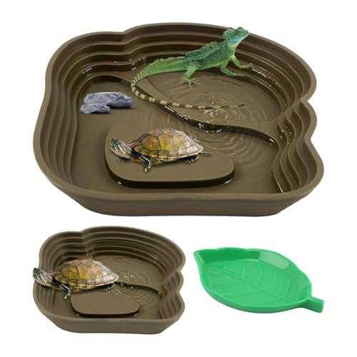 Reptile Bathing Pool, Right-Angle Detachable Design for Easy Water Changes, Internal & External Ramps for Easy Access, ABS Smooth Easy-Clean Water Dish for Small Reptiles