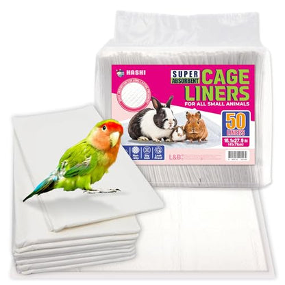 HA SHI Absorbent Bird Cage Liner Pads, 50 Count, 27.9 x 16.1 in, 5-Layer | 50 disposable 5-layer cage liner pads, 27.9 x 16.1 in. Absorbent with a leak-resistant backing; trim to fit, easy cleanup.