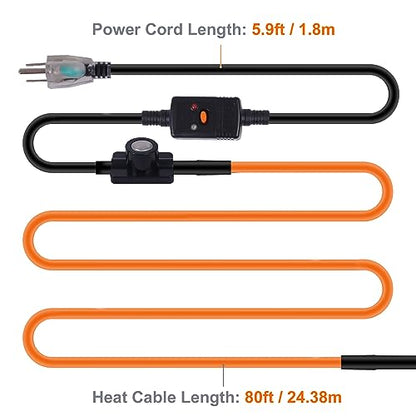 80FT Heat Tape for Water Pipes Freeze Protection IP65 Waterproof 8W/FT 110V BDDFOTO Heat Cable With GFCI Protection and Thermostat,Self-Regulating Pipe Heater for Roof/RV/Water Storage Tank - style: 80 FT