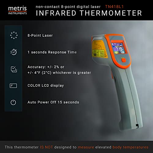 Digital Infrared Thermometer Gun Laser Temperature Gauge for Cooking, Grill, Pizza Oven, HVAC Tools, 8-Point, 76o to 932o F [-60o to 500o C] 12:1 D:S Ratio, Model TN418L1